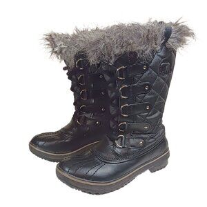 Sorel Tofino II Boots Womens 6 Black Nylon Faux Fur Lace-Up Waterproof Winter